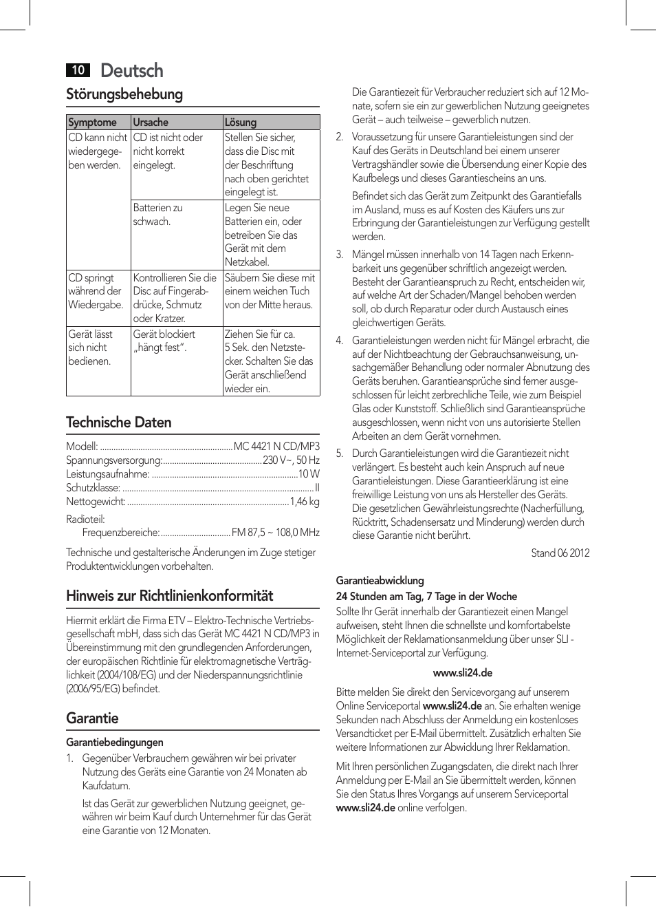 Deutsch, Störungsbehebung, Technische daten | Hinweis zur richtlinienkonformität, Garantie | AEG MC 4421 CD-MP3 N User Manual | Page 10 / 78