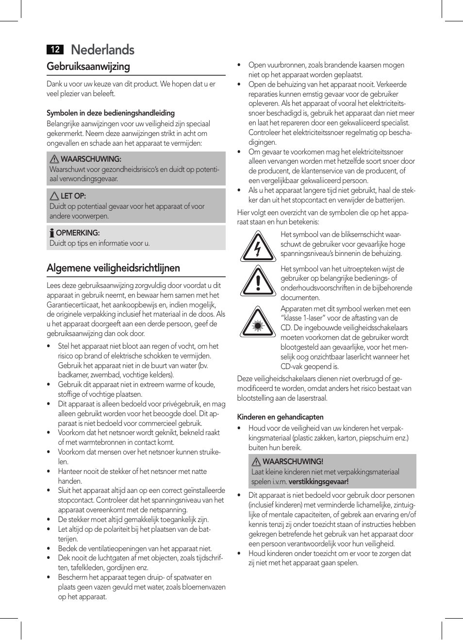 Nederlands, Gebruiksaanwijzing, Algemene veiligheidsrichtlijnen | AEG MC 4421 CD-MP3 N User Manual | Page 12 / 78