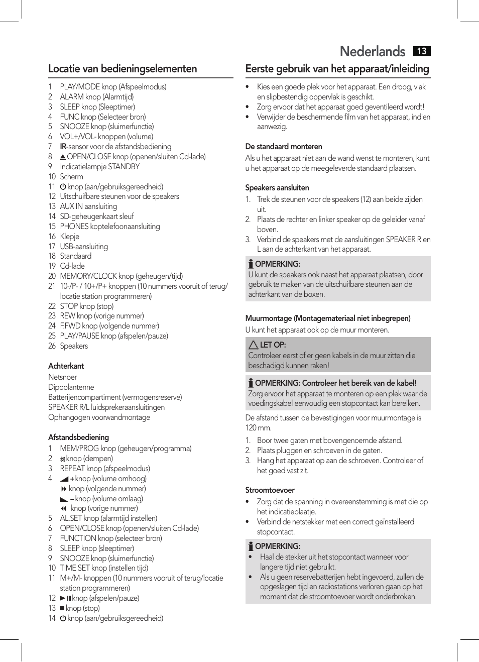 Nederlands, Locatie van bedieningselementen, Eerste gebruik van het apparaat/inleiding | AEG MC 4421 CD-MP3 N User Manual | Page 13 / 78