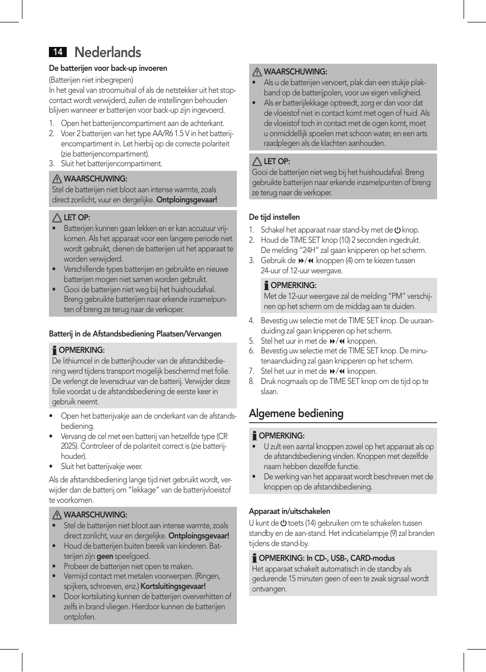 Nederlands, Algemene bediening | AEG MC 4421 CD-MP3 N User Manual | Page 14 / 78