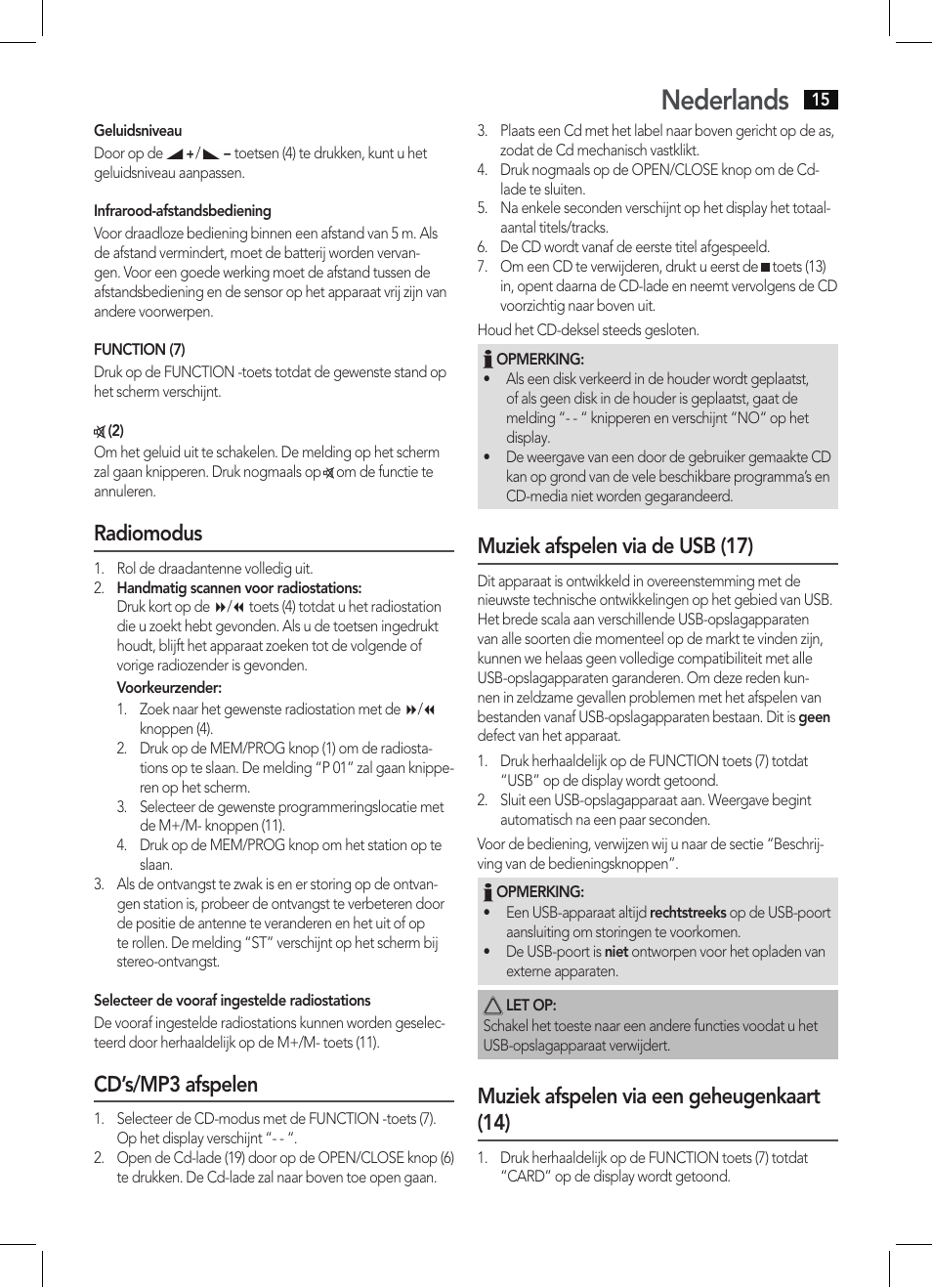 Nederlands, Radiomodus, Cd’s/mp3 afspelen | Muziek afspelen via de usb (17), Muziek afspelen via een geheugenkaart (14) | AEG MC 4421 CD-MP3 N User Manual | Page 15 / 78