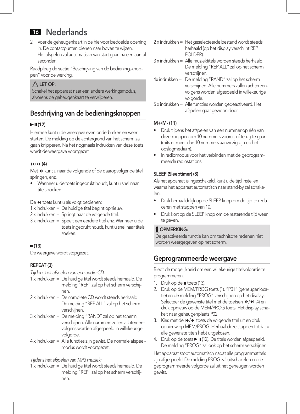 Nederlands, Beschrijving van de bedieningsknoppen, Geprogrammeerde weergave | AEG MC 4421 CD-MP3 N User Manual | Page 16 / 78