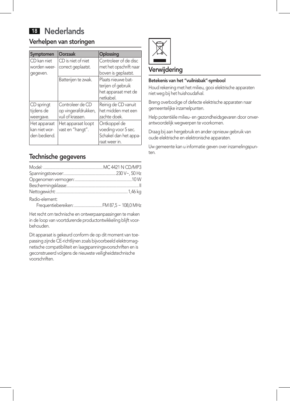 Nederlands, Verhelpen van storingen, Technische gegevens | Verwijdering | AEG MC 4421 CD-MP3 N User Manual | Page 18 / 78