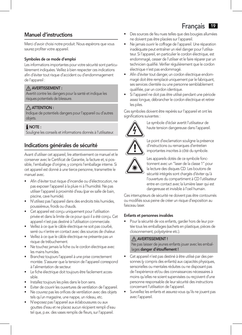 Français, Manuel d‘instructions, Indications générales de sécurité | AEG MC 4421 CD-MP3 N User Manual | Page 19 / 78