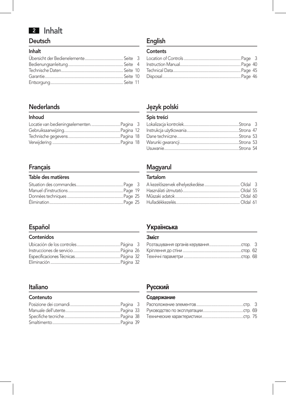 Inhalt, Deutsch, Nederlands | Français, Español, Italiano, English, Język polski, Magyarul, Українська | AEG MC 4421 CD-MP3 N User Manual | Page 2 / 78