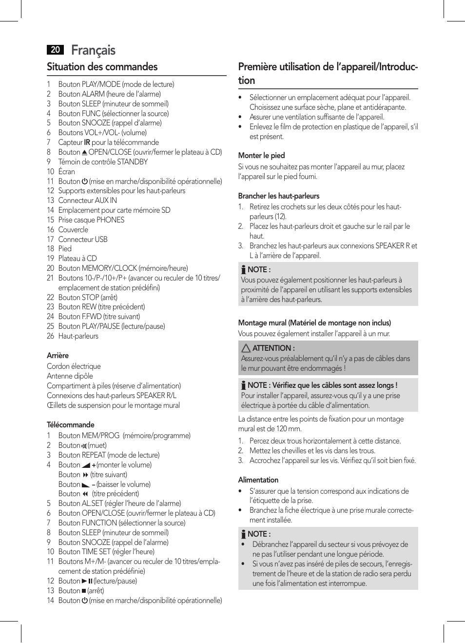 Français, Situation des commandes, Première utilisation de l’appareil/introduc- tion | AEG MC 4421 CD-MP3 N User Manual | Page 20 / 78