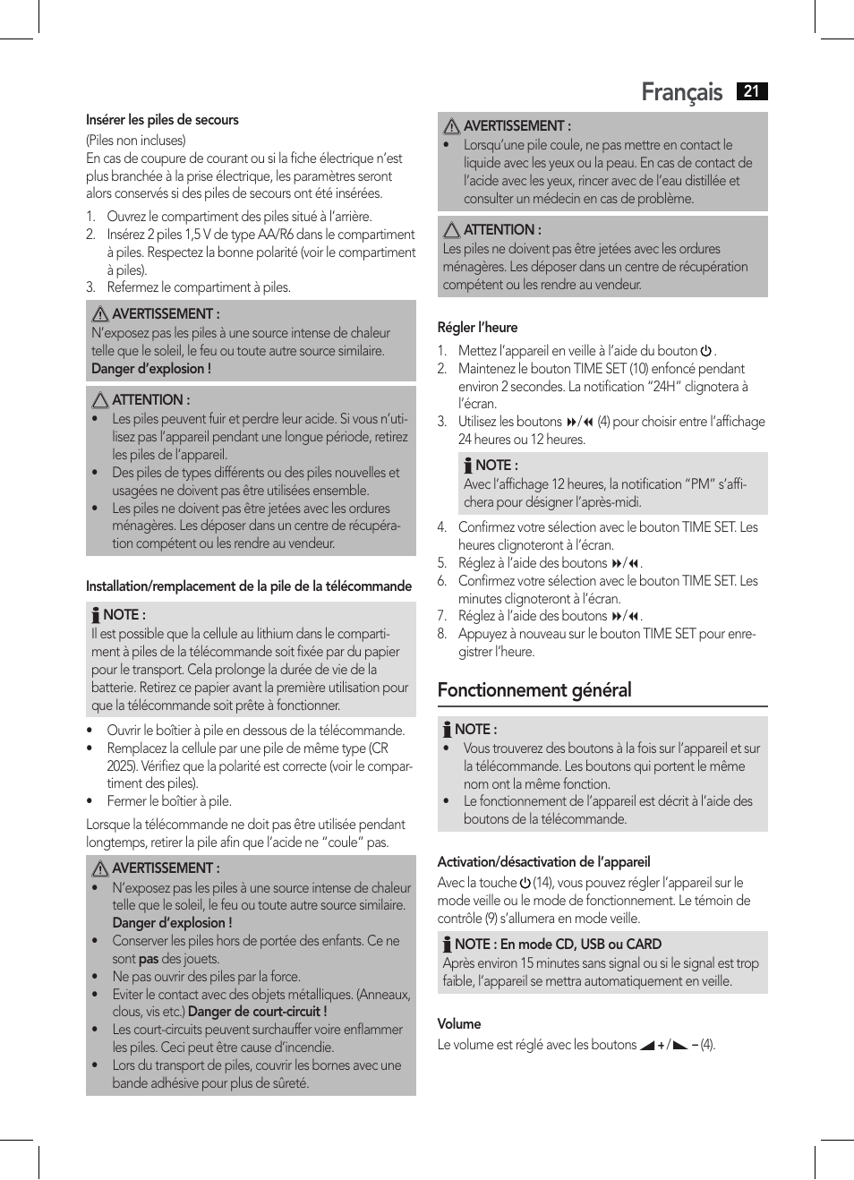 Français, Fonctionnement général | AEG MC 4421 CD-MP3 N User Manual | Page 21 / 78