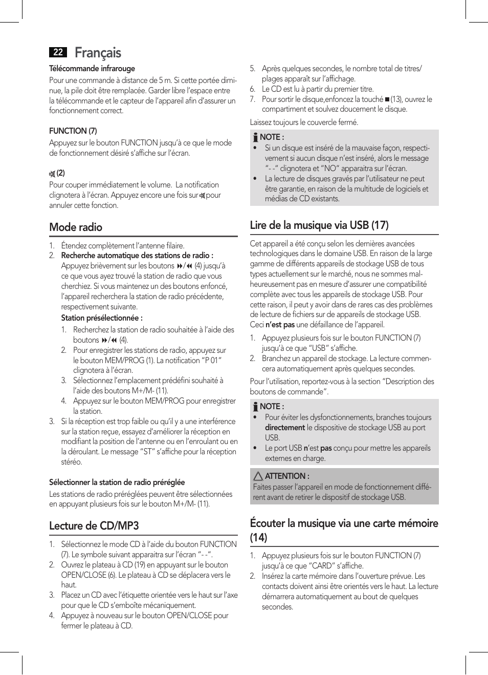 Français, Mode radio, Lecture de cd/mp3 | Lire de la musique via usb (17), Écouter la musique via une carte mémoire (14) | AEG MC 4421 CD-MP3 N User Manual | Page 22 / 78