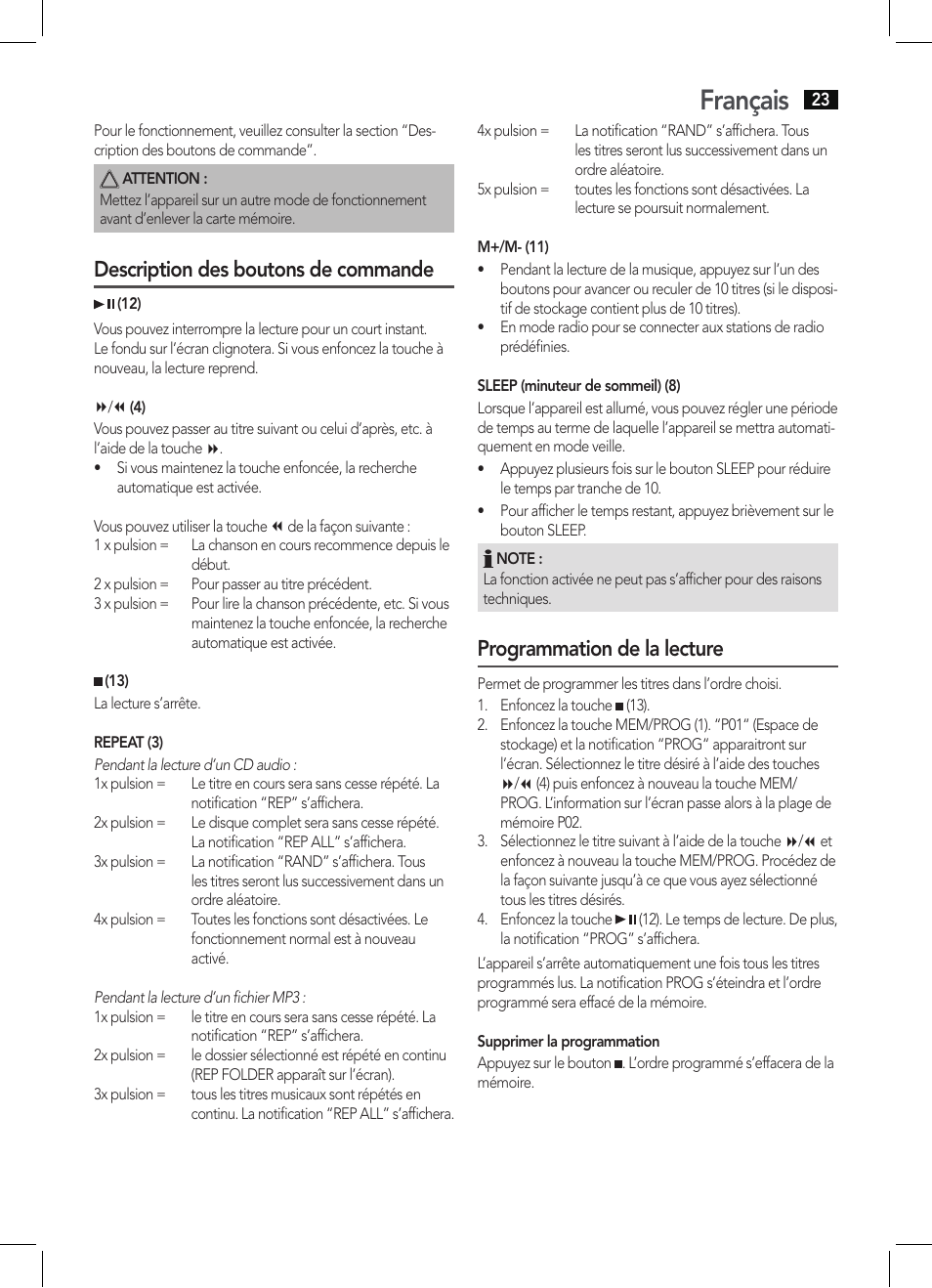 Français, Description des boutons de commande, Programmation de la lecture | AEG MC 4421 CD-MP3 N User Manual | Page 23 / 78