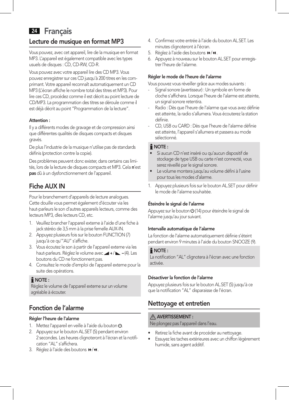 Français, Lecture de musique en format mp3, Fiche aux in | Fonction de l’alarme, Nettoyage et entretien | AEG MC 4421 CD-MP3 N User Manual | Page 24 / 78