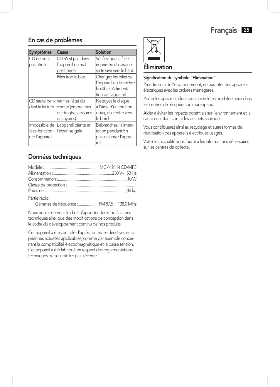 Français, En cas de problèmes, Données techniques | Élimination | AEG MC 4421 CD-MP3 N User Manual | Page 25 / 78