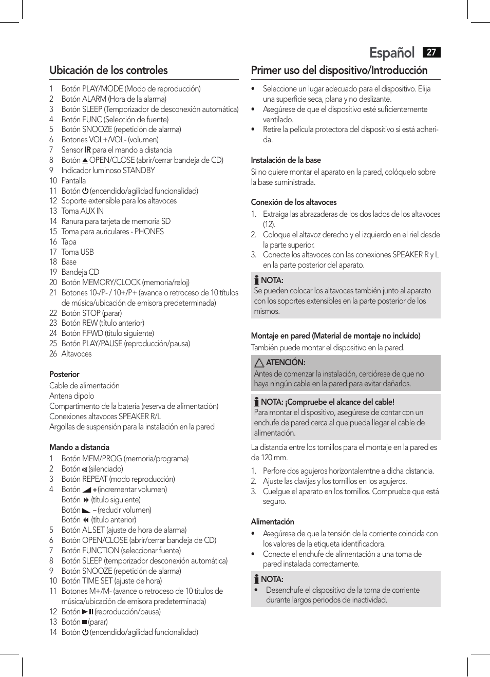 Español, Ubicación de los controles, Primer uso del dispositivo/introducción | AEG MC 4421 CD-MP3 N User Manual | Page 27 / 78