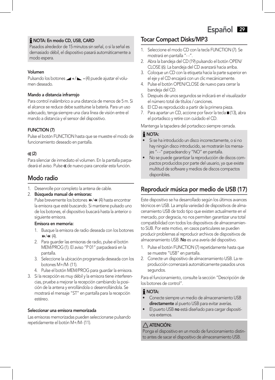 Español, Modo radio, Tocar compact disks/mp3 | Reproducir música por medio de usb (17) | AEG MC 4421 CD-MP3 N User Manual | Page 29 / 78