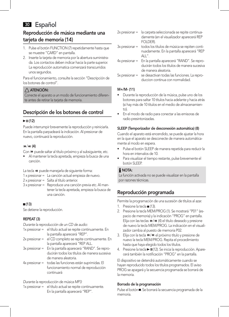 Español, Descripción de los botones de control, Reproducción programada | AEG MC 4421 CD-MP3 N User Manual | Page 30 / 78