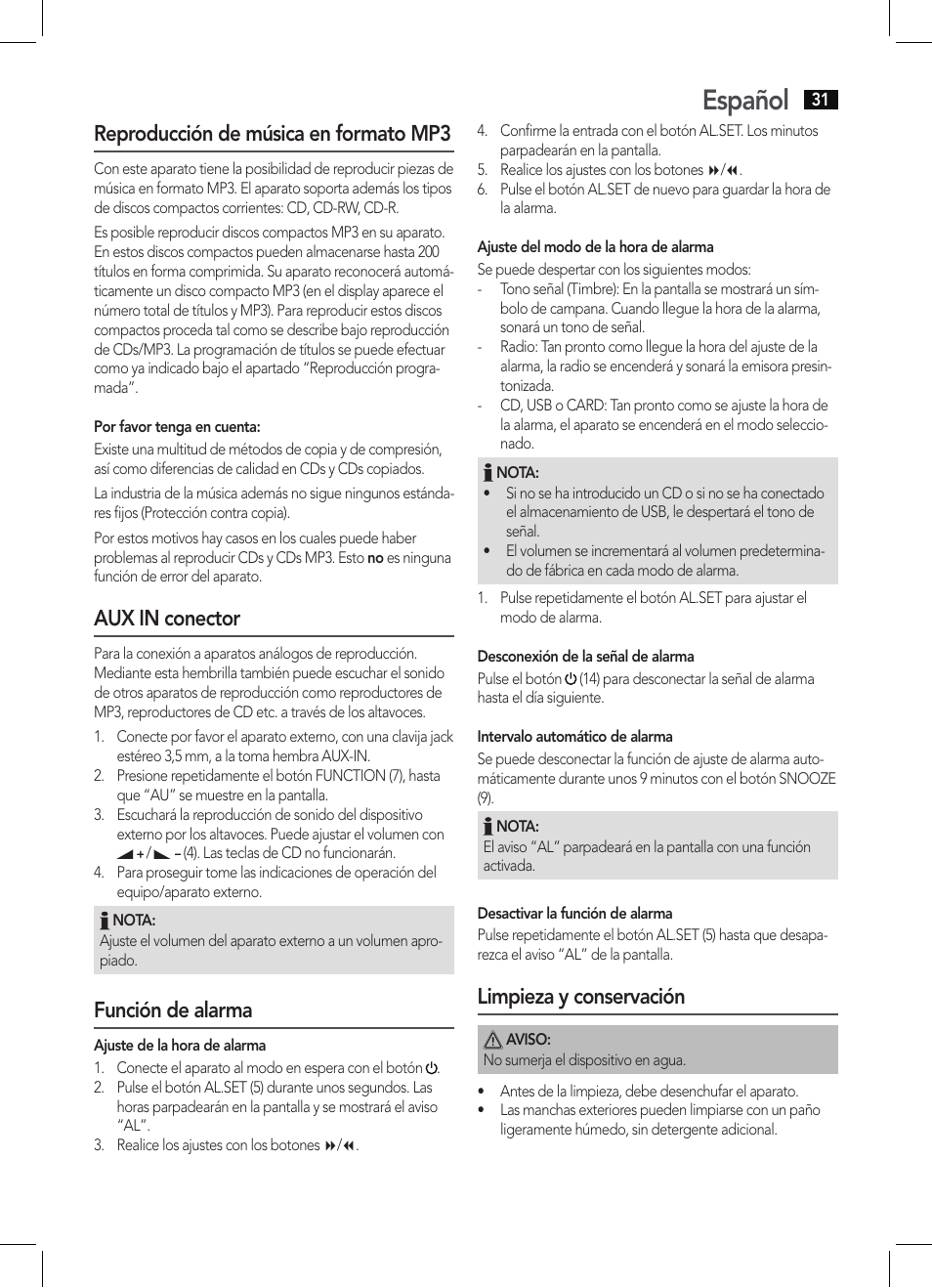 Español, Reproducción de música en formato mp3, Aux in conector | Función de alarma, Limpieza y conservación | AEG MC 4421 CD-MP3 N User Manual | Page 31 / 78