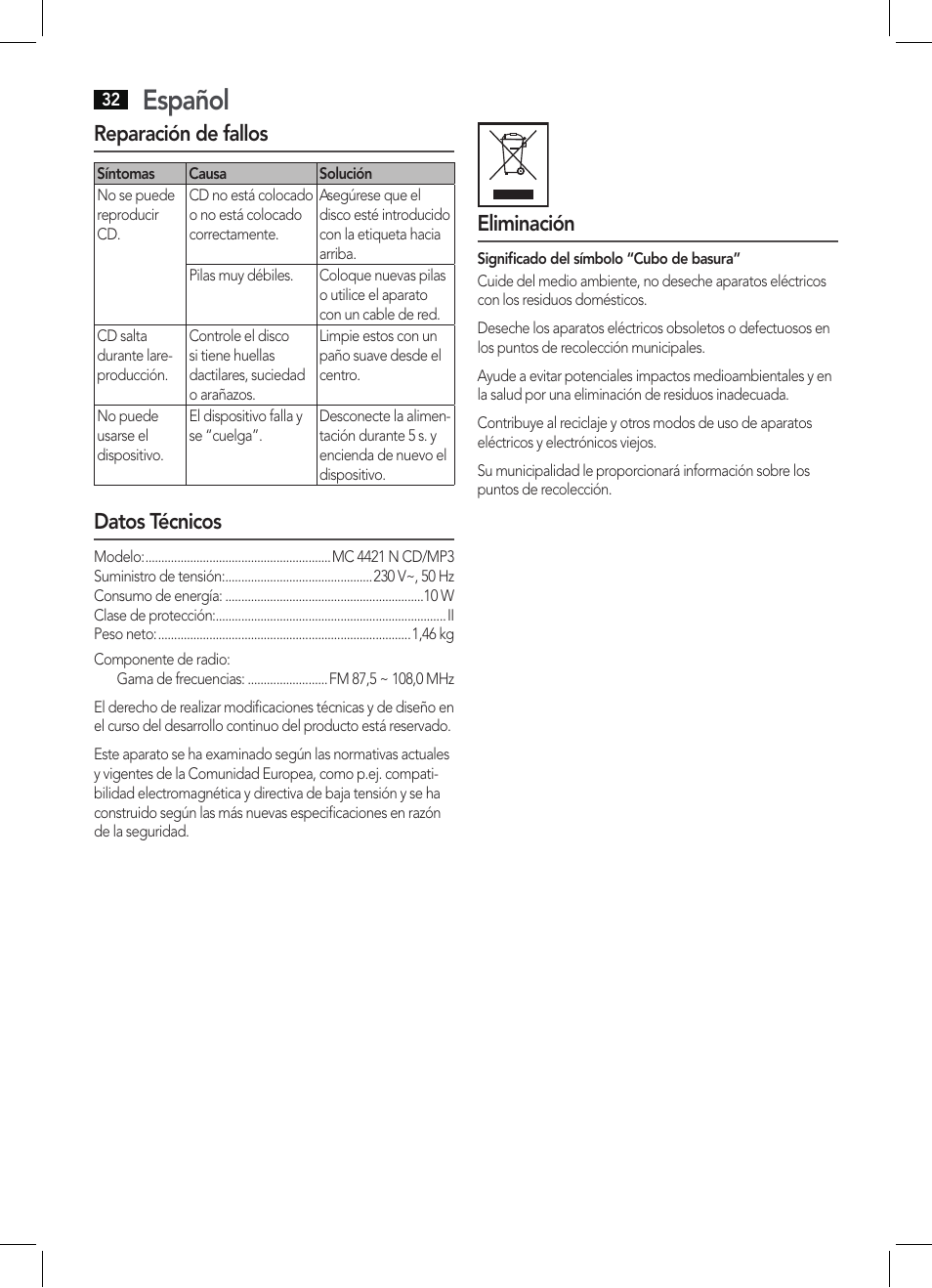 Español, Reparación de fallos, Datos técnicos | Eliminación | AEG MC 4421 CD-MP3 N User Manual | Page 32 / 78