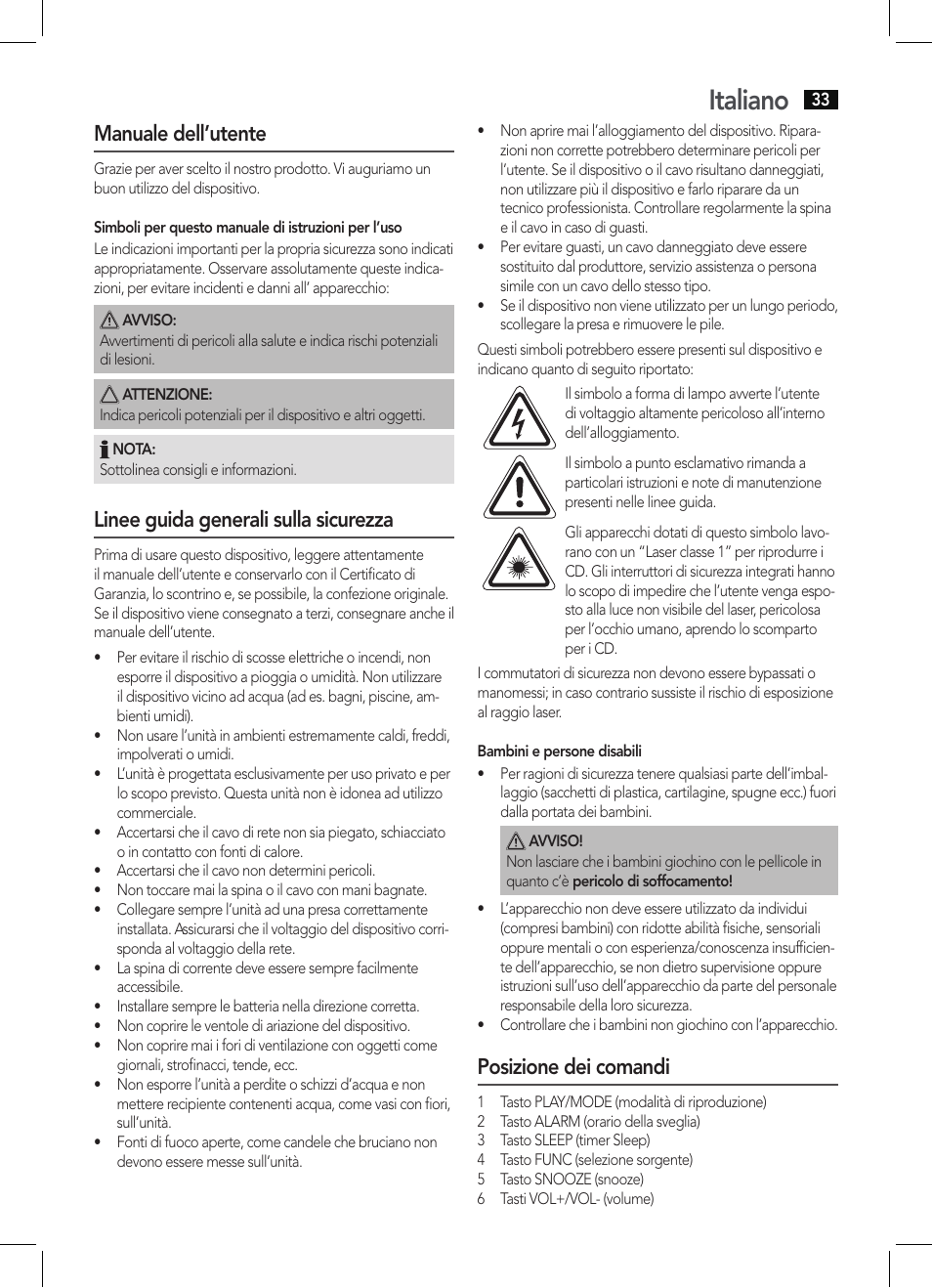 Italiano, Manuale dell’utente, Linee guida generali sulla sicurezza | Posizione dei comandi | AEG MC 4421 CD-MP3 N User Manual | Page 33 / 78