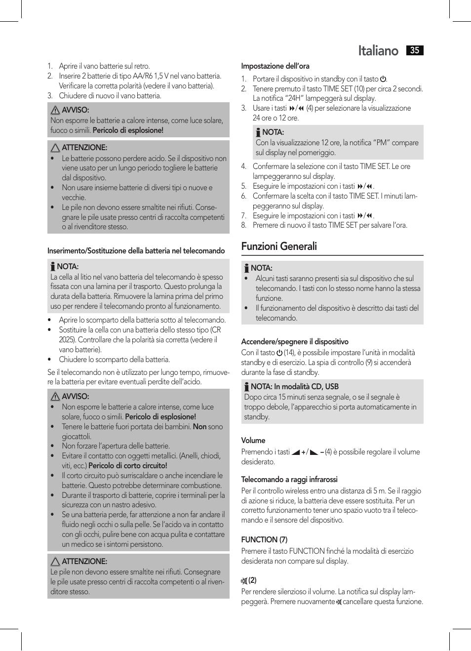 Italiano, Funzioni generali | AEG MC 4421 CD-MP3 N User Manual | Page 35 / 78