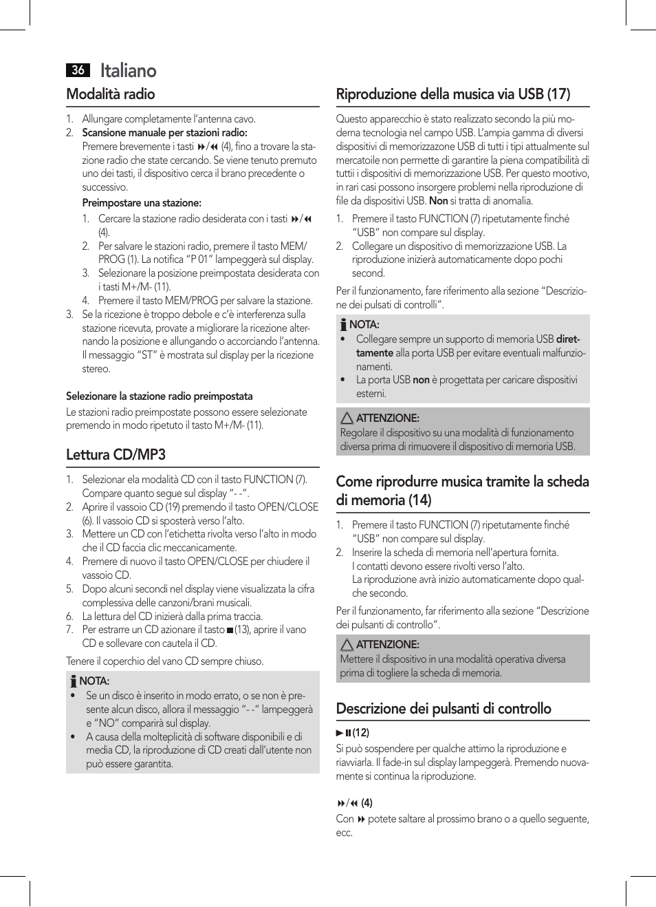 Italiano, Modalità radio, Lettura cd/mp3 | Riproduzione della musica via usb (17), Descrizione dei pulsanti di controllo | AEG MC 4421 CD-MP3 N User Manual | Page 36 / 78