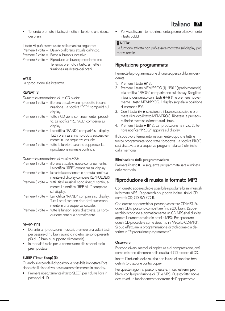 Italiano, Ripetizione programmata, Riproduzione di musica in formato mp3 | AEG MC 4421 CD-MP3 N User Manual | Page 37 / 78