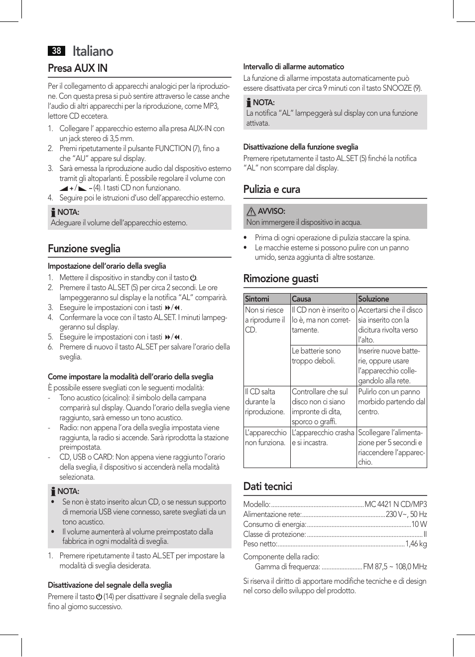 Italiano, Presa aux in, Funzione sveglia | Pulizia e cura, Rimozione guasti, Dati tecnici | AEG MC 4421 CD-MP3 N User Manual | Page 38 / 78