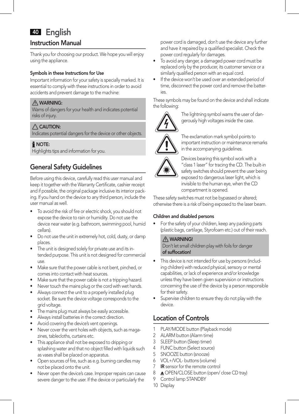 English, Instruction manual, General safety guidelines | Location of controls | AEG MC 4421 CD-MP3 N User Manual | Page 40 / 78