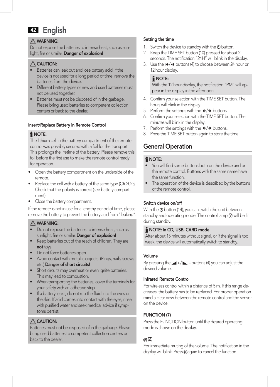 English, General operation | AEG MC 4421 CD-MP3 N User Manual | Page 42 / 78