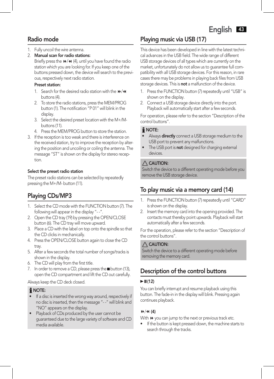 English, Radio mode, Playing cds/mp3 | Playing music via usb (17), Description of the control buttons | AEG MC 4421 CD-MP3 N User Manual | Page 43 / 78
