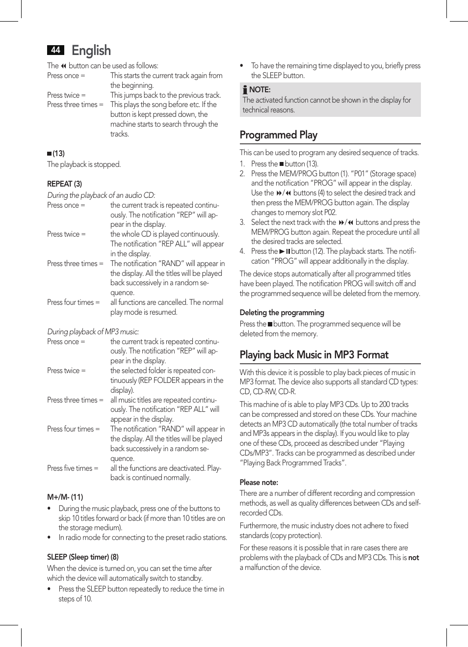 English, Programmed play, Playing back music in mp3 format | AEG MC 4421 CD-MP3 N User Manual | Page 44 / 78