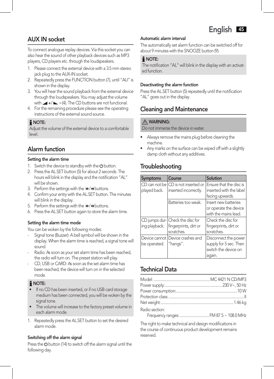 English, Aux in socket, Alarm function | Cleaning and maintenance, Troubleshooting, Technical data | AEG MC 4421 CD-MP3 N User Manual | Page 45 / 78