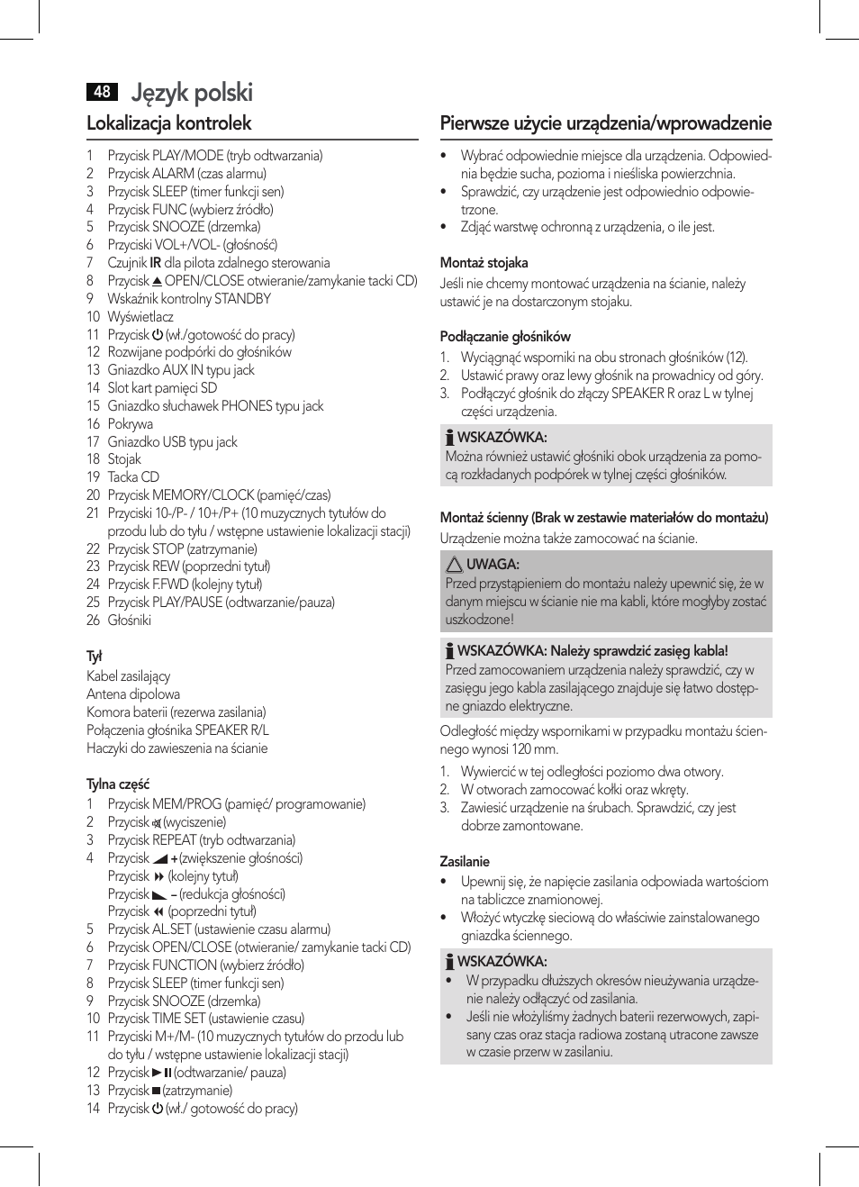 Język polski, Lokalizacja kontrolek, Pierwsze użycie urządzenia/wprowadzenie | AEG MC 4421 CD-MP3 N User Manual | Page 48 / 78