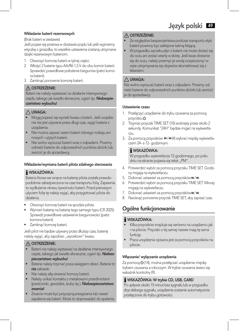 Język polski, Ogólne funkcjonowanie | AEG MC 4421 CD-MP3 N User Manual | Page 49 / 78