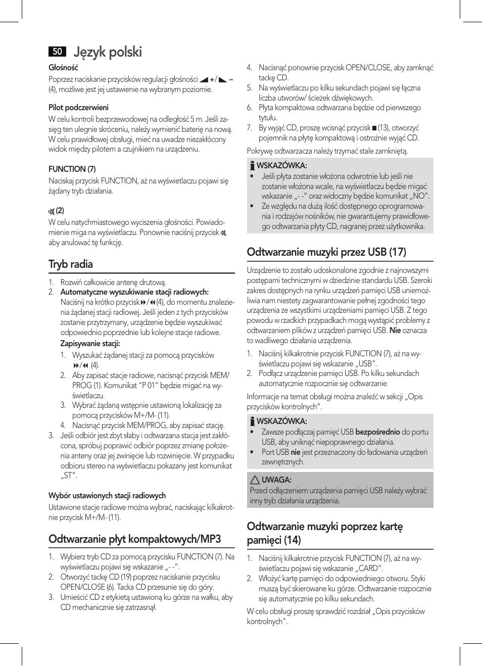 Język polski, Tryb radia, Odtwarzanie płyt kompaktowych/mp3 | Odtwarzanie muzyki przez usb (17), Odtwarzanie muzyki poprzez kartę pamięci (14) | AEG MC 4421 CD-MP3 N User Manual | Page 50 / 78