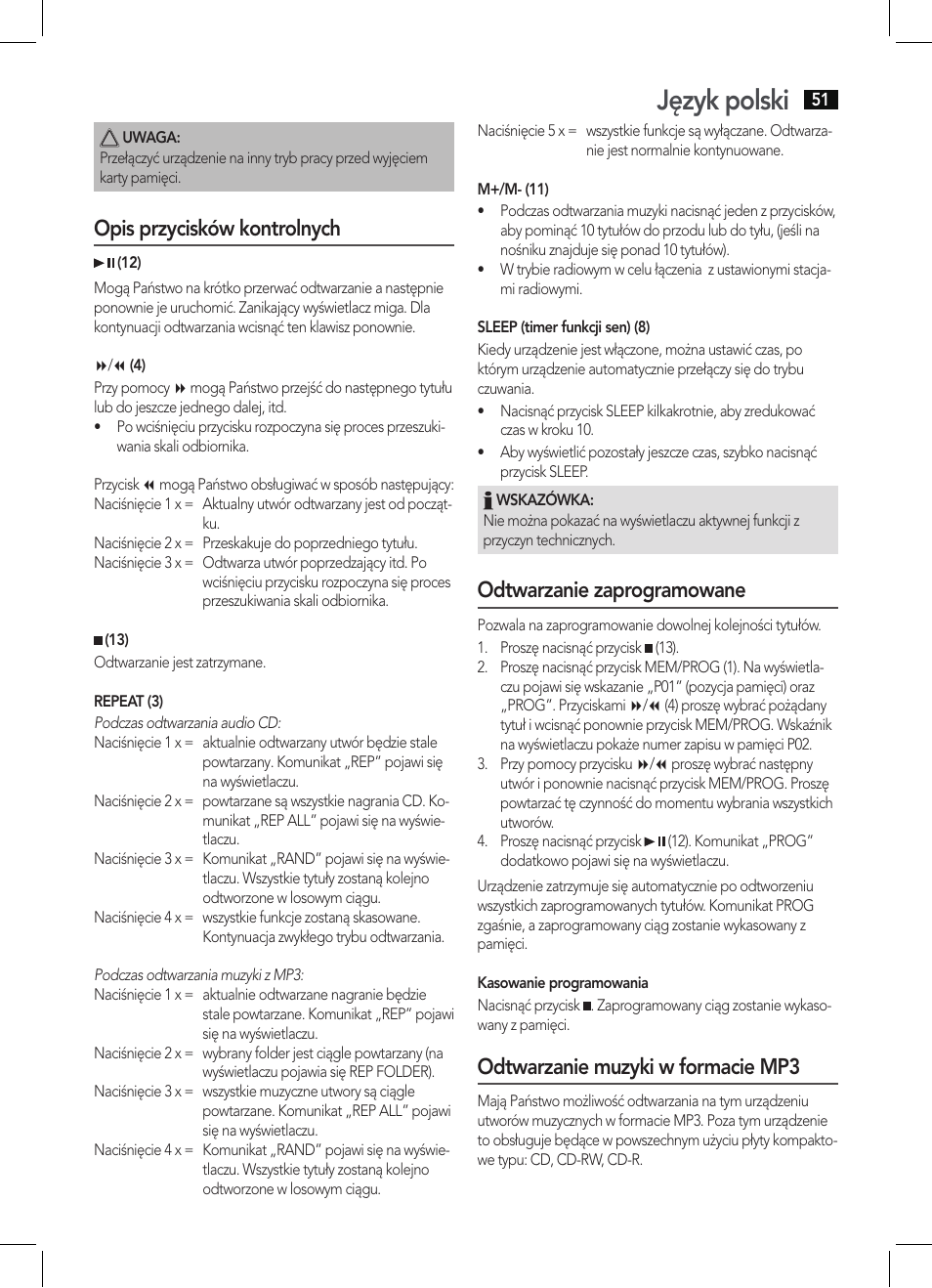 Język polski, Opis przycisków kontrolnych, Odtwarzanie zaprogramowane | Odtwarzanie muzyki w formacie mp3 | AEG MC 4421 CD-MP3 N User Manual | Page 51 / 78