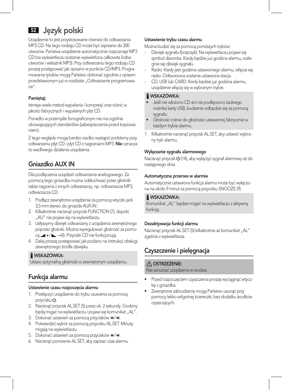 Język polski, Gniazdko aux in, Funkcja alarmu | Czyszczenie i pielęgnacja | AEG MC 4421 CD-MP3 N User Manual | Page 52 / 78