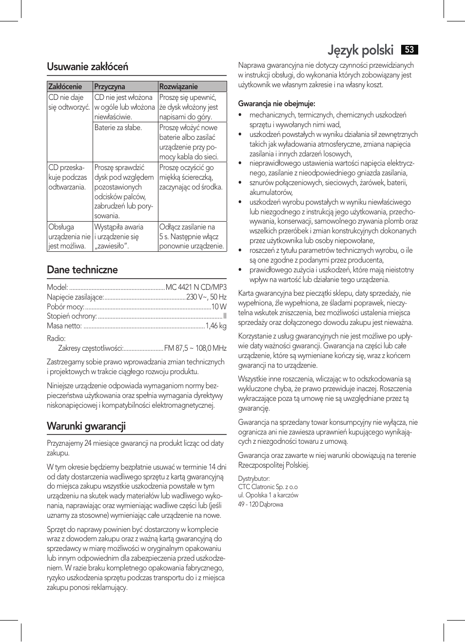 Język polski, Usuwanie zakłóceń, Dane techniczne | Warunki gwarancji | AEG MC 4421 CD-MP3 N User Manual | Page 53 / 78