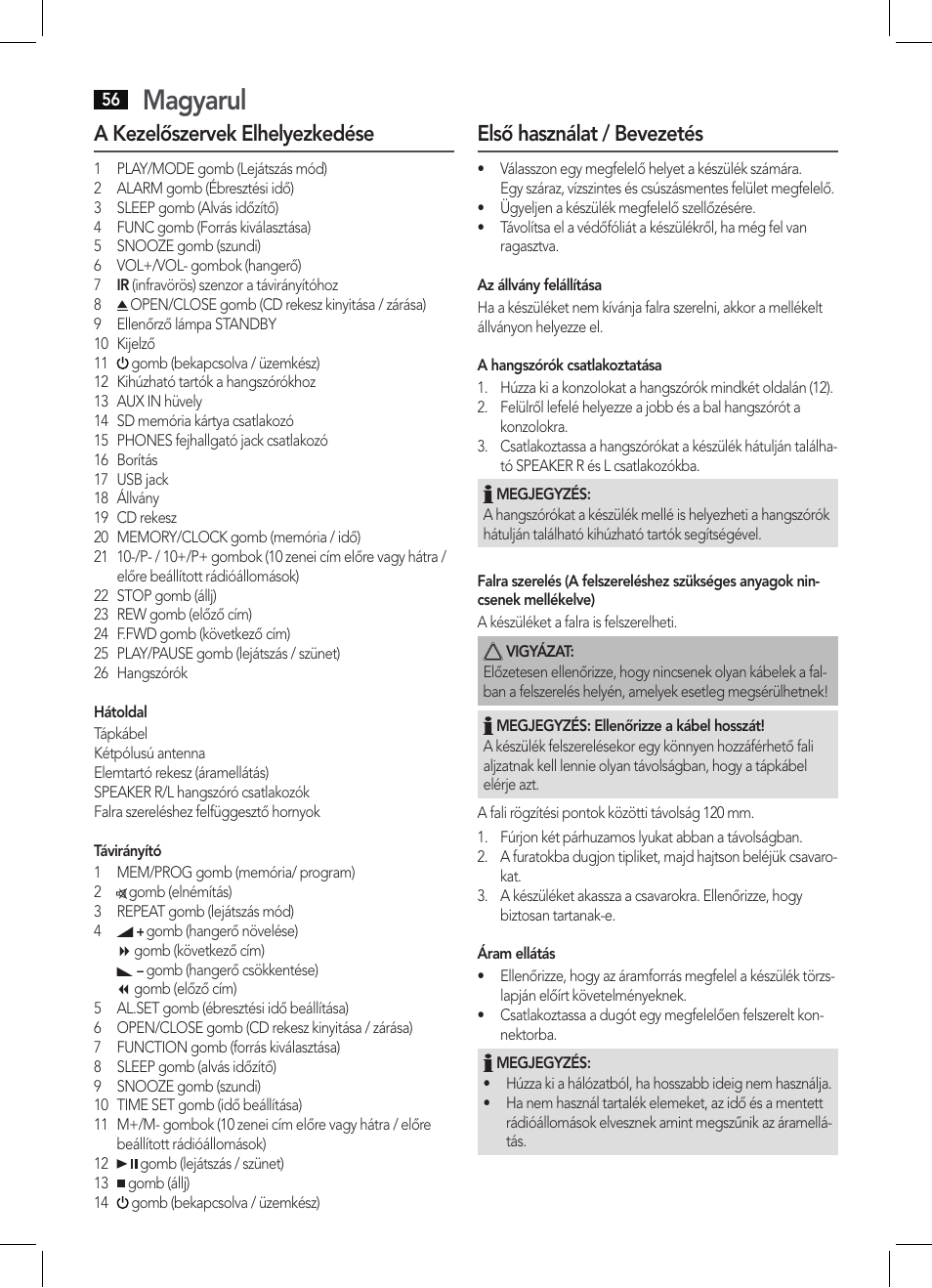 Magyarul, A kezelőszervek elhelyezkedése, Első használat / bevezetés | AEG MC 4421 CD-MP3 N User Manual | Page 56 / 78