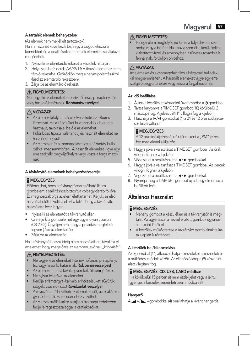 Magyarul, Általános használat | AEG MC 4421 CD-MP3 N User Manual | Page 57 / 78
