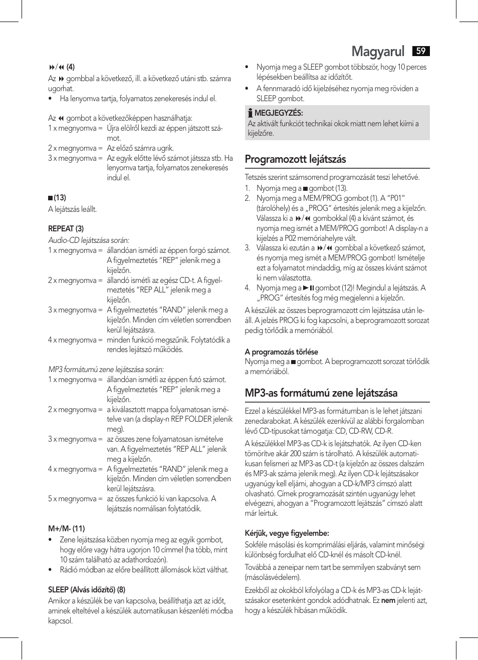 Magyarul, Programozott lejátszás, Mp3-as formátumú zene lejátszása | AEG MC 4421 CD-MP3 N User Manual | Page 59 / 78