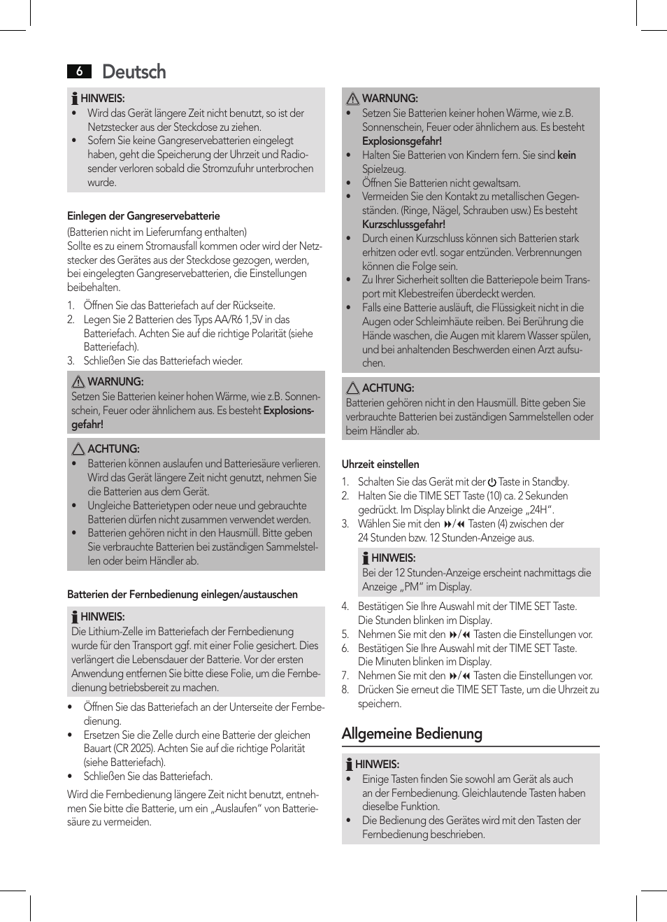 Deutsch, Allgemeine bedienung | AEG MC 4421 CD-MP3 N User Manual | Page 6 / 78