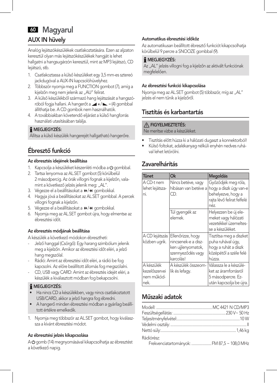 Magyarul, Aux in hüvely, Ébresztő funkció | Tisztítás és karbantartás, Zavarelhárítás, Műszaki adatok | AEG MC 4421 CD-MP3 N User Manual | Page 60 / 78
