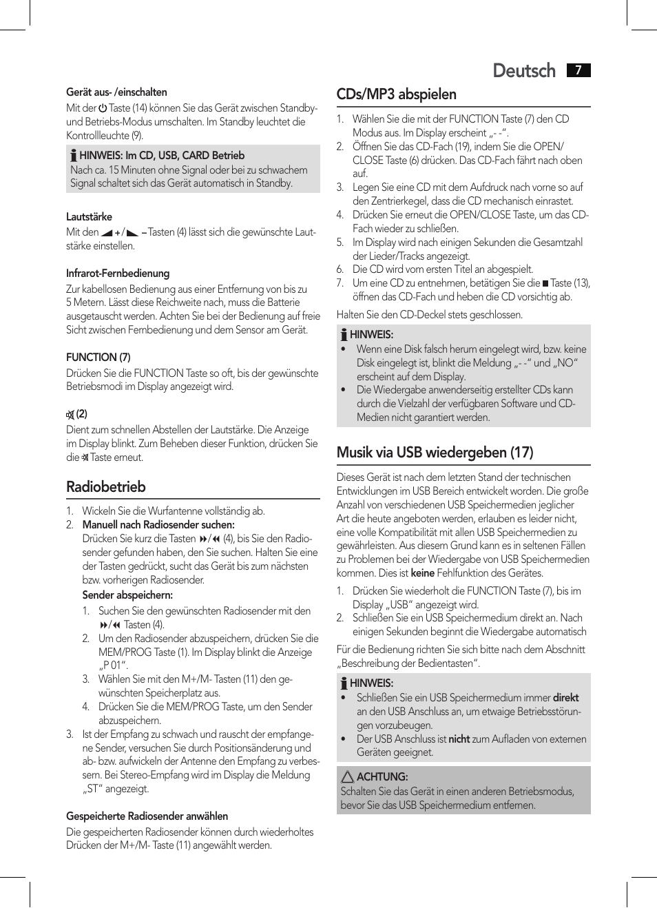 Deutsch, Radiobetrieb, Cds/mp3 abspielen | Musik via usb wiedergeben (17) | AEG MC 4421 CD-MP3 N User Manual | Page 7 / 78