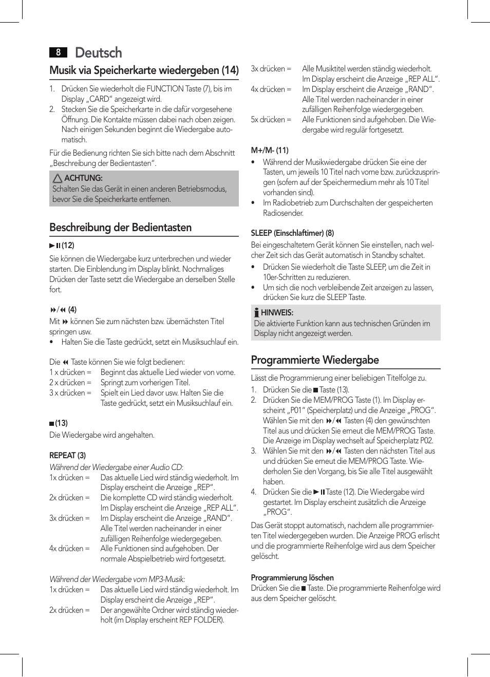 Deutsch, Musik via speicherkarte wiedergeben (14), Beschreibung der bedientasten | Programmierte wiedergabe | AEG MC 4421 CD-MP3 N User Manual | Page 8 / 78