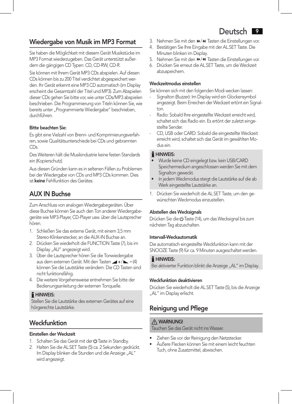 Deutsch, Wiedergabe von musik im mp3 format, Aux in buchse | Weckfunktion, Reinigung und pflege | AEG MC 4421 CD-MP3 N User Manual | Page 9 / 78
