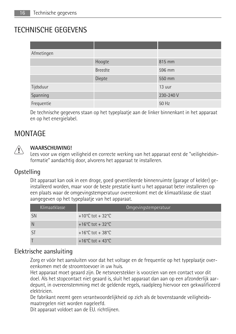 Technische gegevens, Montage, Opstelling | Elektrische aansluiting | AEG SKS68840F1 User Manual | Page 16 / 68