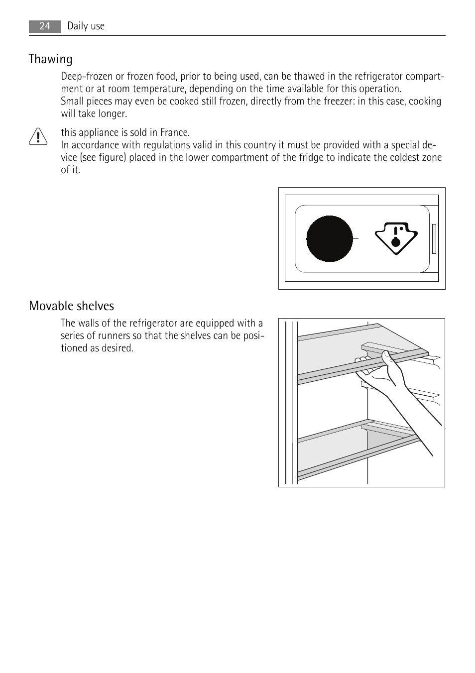 Thawing, Movable shelves | AEG SKS68840F1 User Manual | Page 24 / 68