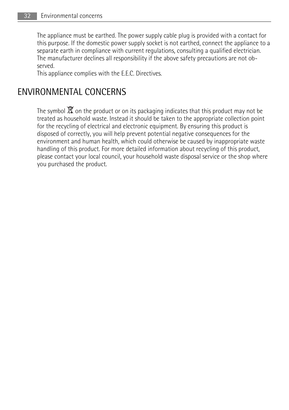 Environmental concerns | AEG SKS68840F1 User Manual | Page 32 / 68