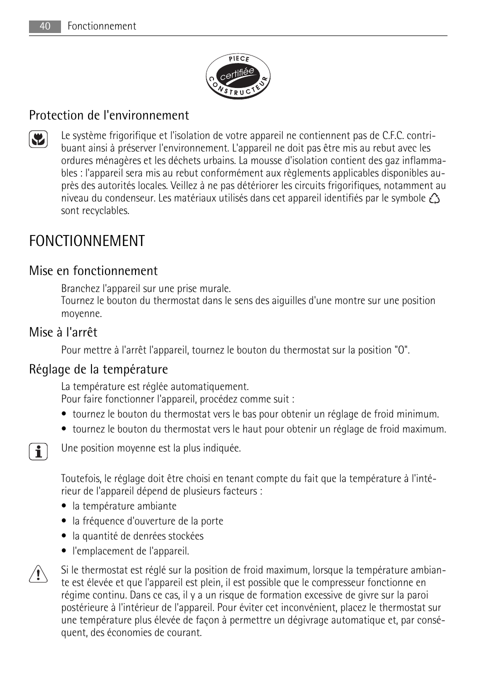 Fonctionnement, Protection de l'environnement, Mise en fonctionnement | Mise à l'arrêt, Réglage de la température | AEG SKS68840F1 User Manual | Page 40 / 68