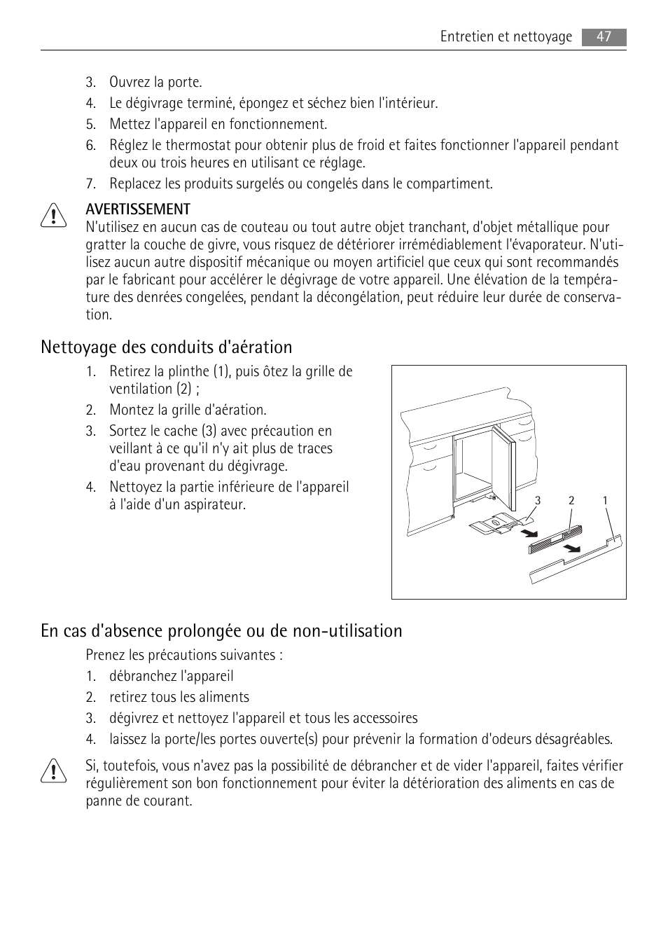 Nettoyage des conduits d'aération, En cas d'absence prolongée ou de non-utilisation | AEG SKS68840F1 User Manual | Page 47 / 68