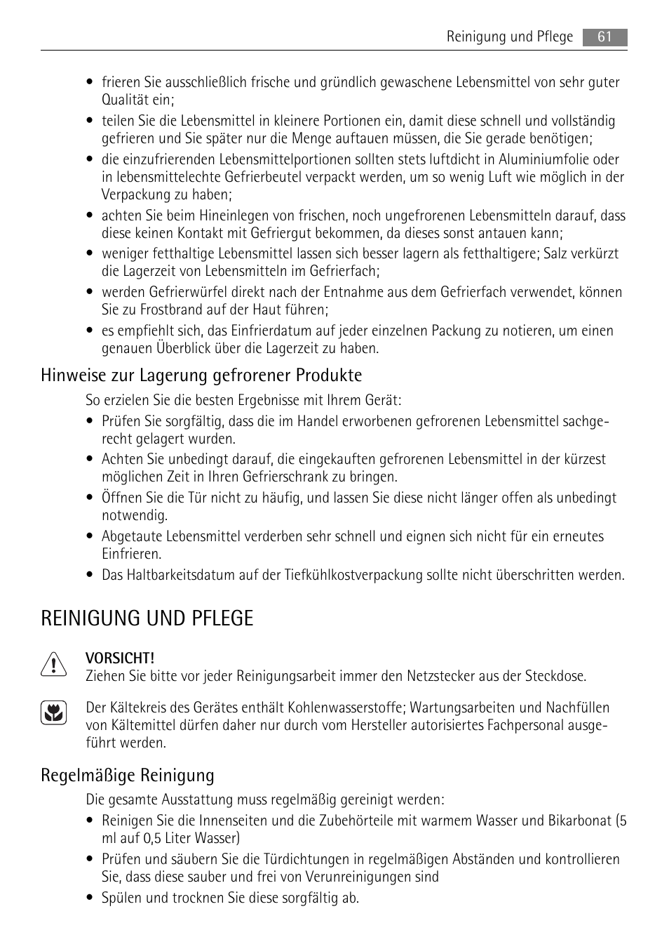 Reinigung und pflege, Hinweise zur lagerung gefrorener produkte, Regelmäßige reinigung | AEG SKS68840F1 User Manual | Page 61 / 68